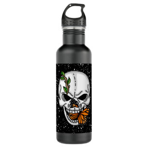 Skull mit Monarch Butterfly Schwarzer Hintergrund Edelstahlflasche