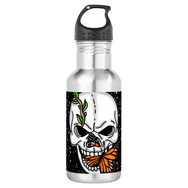 Skull mit Monarch Butterfly Schwarzer Hintergrund Edelstahlflasche (Vorderseite)