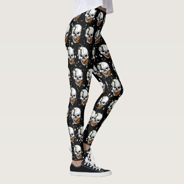 Skull mit Monarch Butterfly Schwarzer Hintergrund Leggings (Rechts)