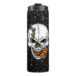 Skull mit Monarch Butterfly Schwarzer Hintergrund Thermosbecher