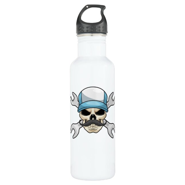 Skull mit Mustache & Wrench Edelstahlflasche (Vorderseite)