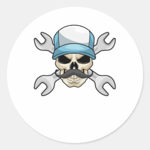 Skull mit Mustache & Wrench Runder Aufkleber