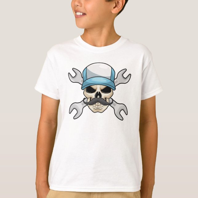 Skull mit Mustache & Wrench T-Shirt (Vorderseite)