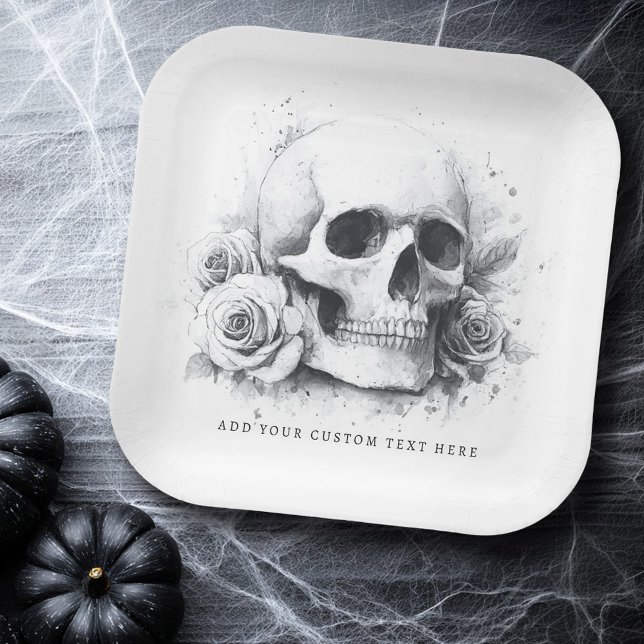 Skull mit Rose Aquarellmalerei Pappteller (Skull with roses watercolor painting paper plates)