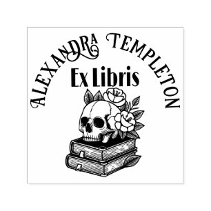 Skull mit Rose auf Büchern #4PS mit Ex Libris Name Permastempel