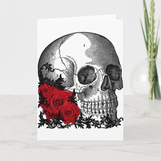 SKULL MIT ROSE VINTAG DRUCKEN KARTE (Vorderseite)