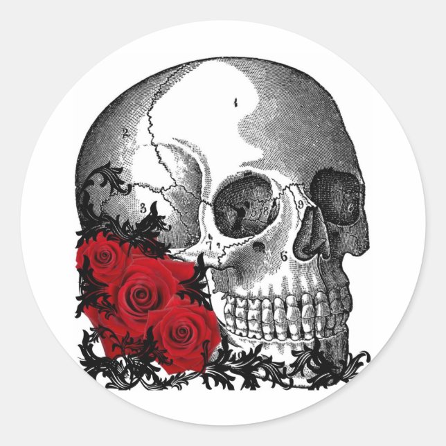SKULL MIT ROSE VINTAG DRUCKEN RUNDER AUFKLEBER (Vorderseite)