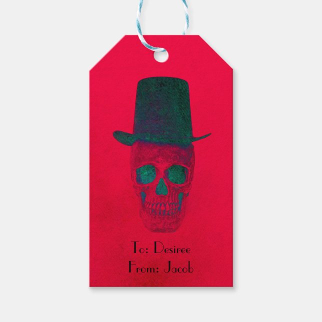 Skull mit Top Hat Red Green Halloween Geschenkanhänger (Vorderseite)