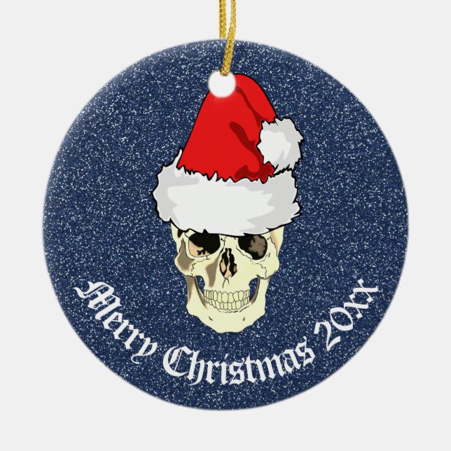 Skull mit Weihnachtsmannmütze "Christmas 20xx" Keramik Ornament (Vorne)