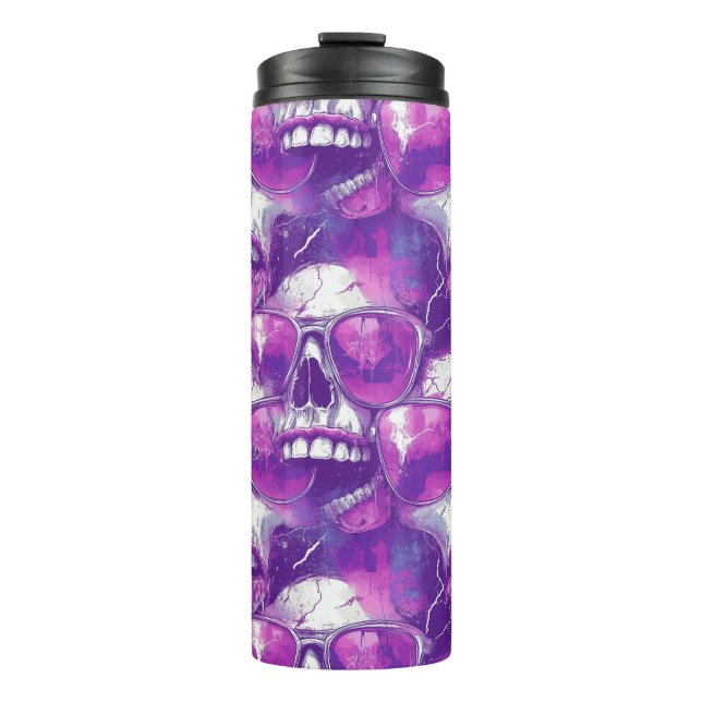 Skull Muster Design mit Lila Sonnenbrille Thermosbecher (Vorderseite)