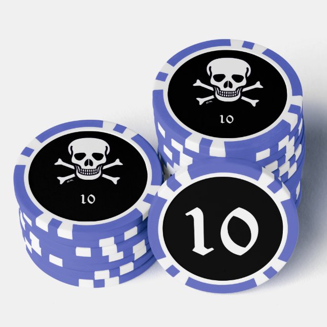 Skull n Knochen schwarz blau 10 gestreifter Poker  Pokerchips (Stapel)