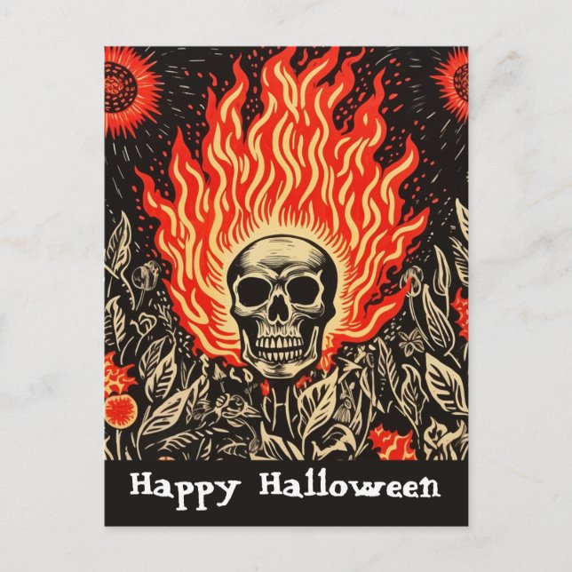 Skull on Fire Linocut Art Happy Halloween Postkarte (Vorderseite)