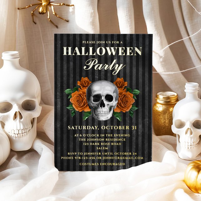 Skull Orange Rose Halloween-Party Gold Folieneinladung (Skull Orange Roses Halloween Party Gold Foil Invitation)