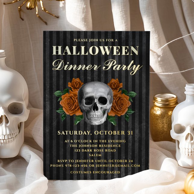 Skull Orange Rosen Halloween Abendessen Party Gold Folieneinladung (Skull Orange Roses Halloween Dinner Party Gold Foil Invitation)
