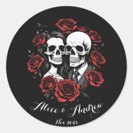 Skull-Paar gothisch mit Rose individuelle Name Runder Aufkleber