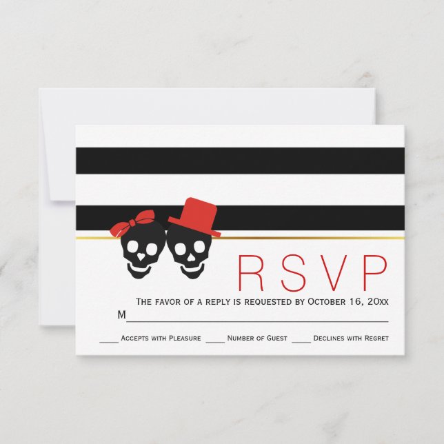 Skull Paar, Streifen rotes Halloween Hochzeit RSVP Karte (Vorderseite)