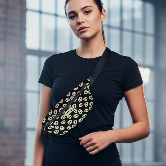 Skull Pattern Monogram Black Halloween Fanny Pack Bauchtasche (A fun skull pattern fanny pack with space for your initials)