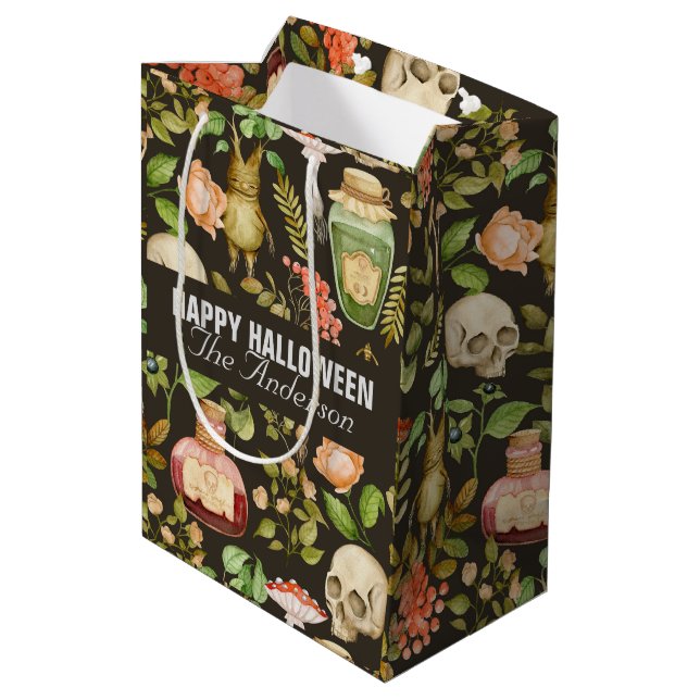 Skull Pflanze Mushroom Blume Abstrakt Halloween Mittlere Geschenktüte (Rückseite Schrägansicht)