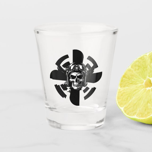 Skull Pilot und Flugzeugpropeller, Minimalistisch, Schnapsglas (Vorderseite)