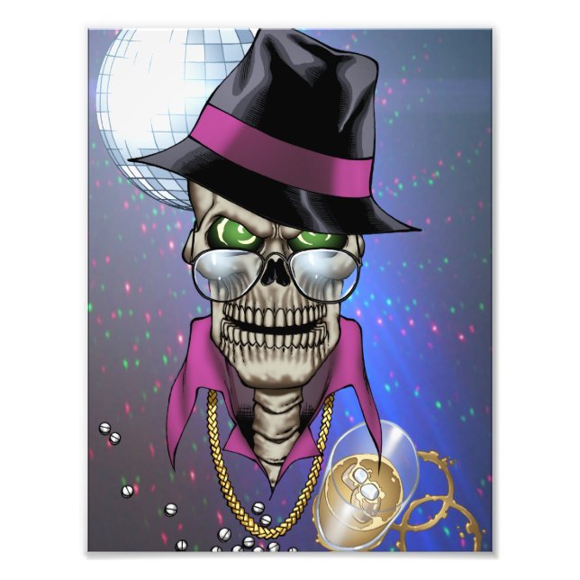 Skull Pimp mit Hut, Brille, Goldkette und Disco Fotodruck (Vorne)