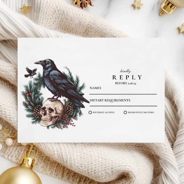 Skull & Pine Raven Gothic Wedding RSVP Karte (Von Creator hochgeladen)