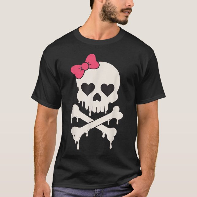 Skull Pink Bow Drilling Crossbone Halloween T-Shirt (Vorderseite)
