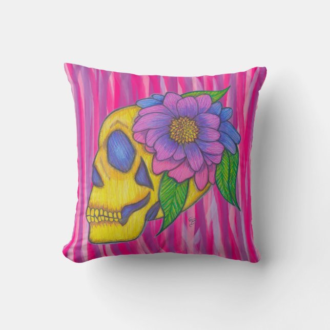 Skull Print Pillow With Yellow Pink Purple  Kissen (Vorderseite)