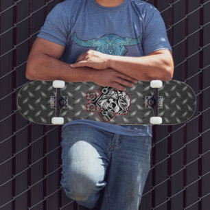 Skull Racer Crossed Pistons On Diamond Plate Skateboard