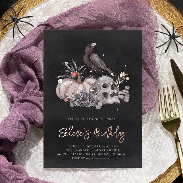 Skull & Raven Halloween Geburtstagsparty Folieneinladung (Von Creator hochgeladen)