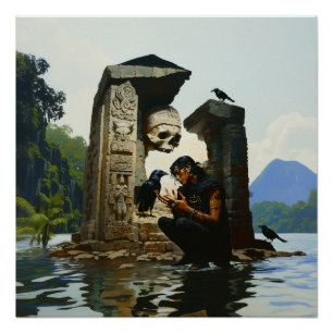 Skull Raven Sepulcher Witchy AI Art Semi Gloss Poster