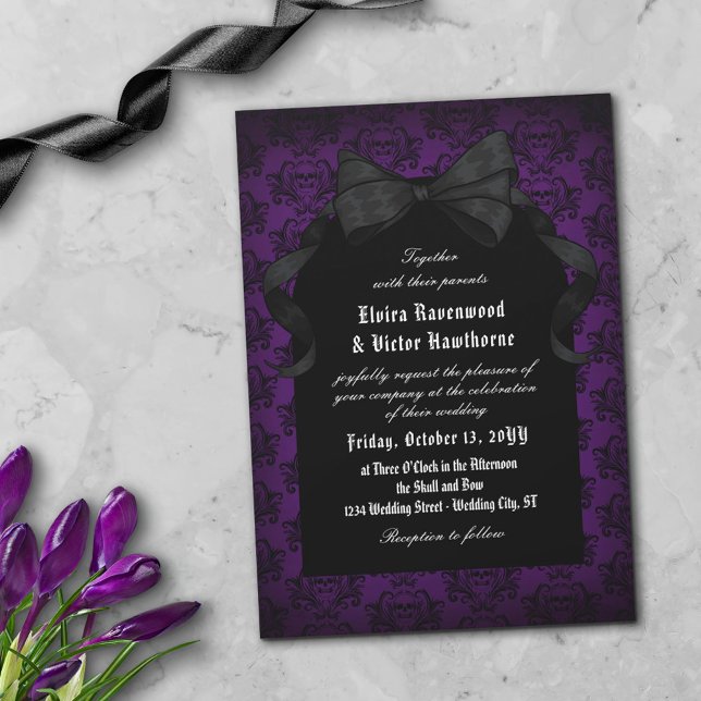 Skull Red Damask Black Bow Goth Wedding Einladung (Von Creator hochgeladen)