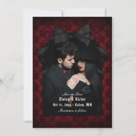 Skull Red Damask Black Bow Goth Wedding Save The Date