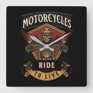 Skull Ride Motorcycles, Ride To Live Quadratische Wanduhr