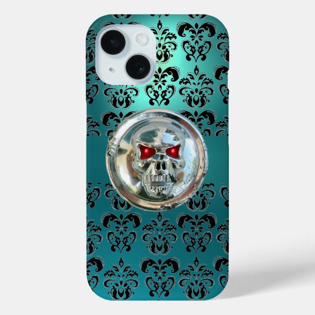 SKULL RIDERS AQUAMARIN TURQUOISE BLUE DAMASK Rot Case-Mate iPhone Hülle (Rückseite)