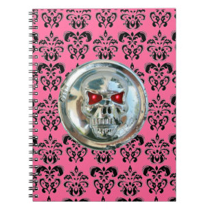 SKULL RIDERS DAMASK Schwarz-weiß rosa Notizblock