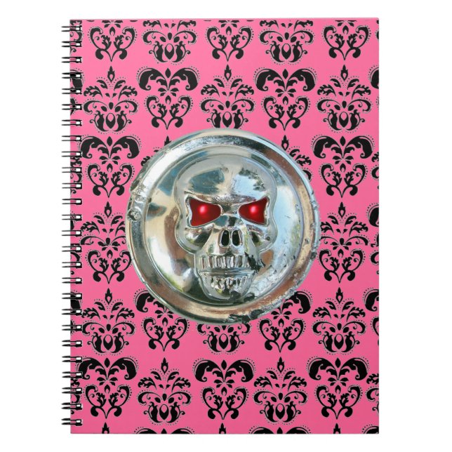 SKULL RIDERS DAMASK Schwarz-weiß rosa Notizblock (Vorderseite)