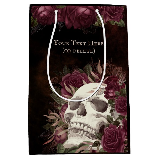 Skull Rose Burgundy Black Grunge Personalisiert Mittlere Geschenktüte (Vorderseite)