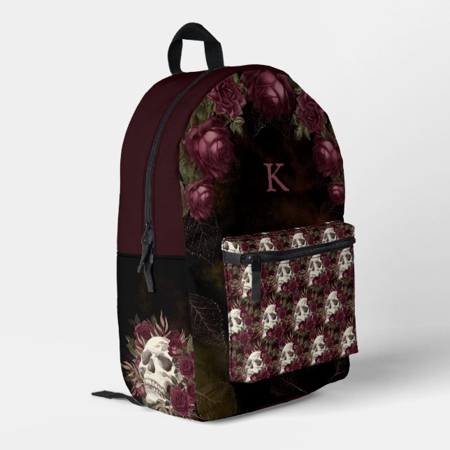 Skull-Rose Burgundy Black Pattern Personalisiert Bedruckter Rucksack (Rückseitige Ecke links)