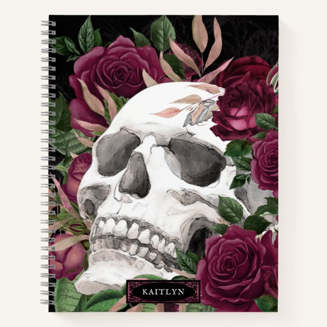 Skull Rose Burgundy Black Personalisiert Notizbuch (Vorderseite)