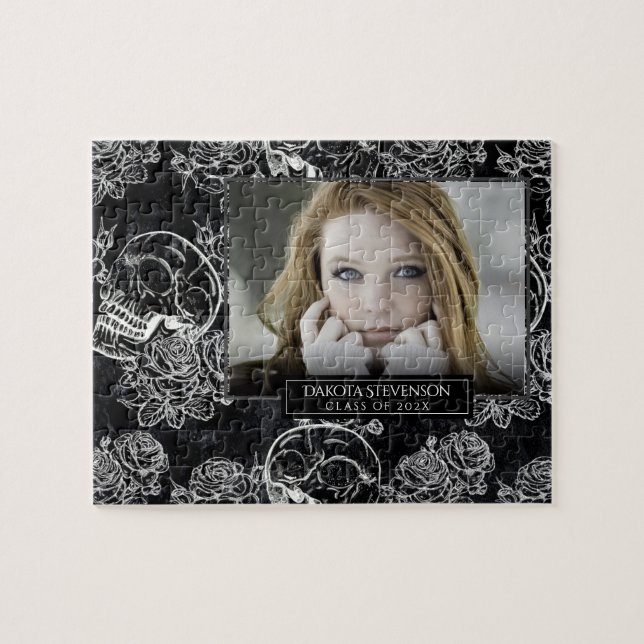 Skull Rose Chalk | Funky Gothic Abschluss Foto Puzzle (Horizontal)