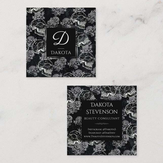 Skull Rose Chalk | Funky Gothic Grunge Monogram Quadratische Visitenkarte (Vorne/Hinten)