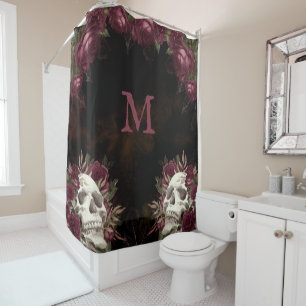 Skull-Rose Monogram Black Burgundy Dark Grunge Duschvorhang