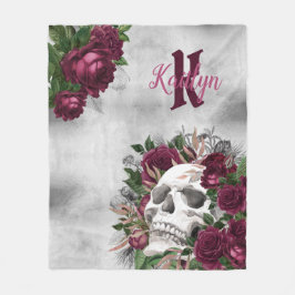 Skull-Rose Monogram Name Burgundy Gray Grunge Fleecedecke