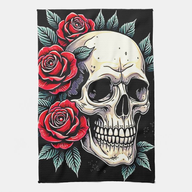 Skull Rose Tattoo Art Geschirrtuch (Vertikal)