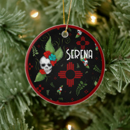 Skull Rose Zia Sun Greenerity Black New Mexico Keramik Ornament