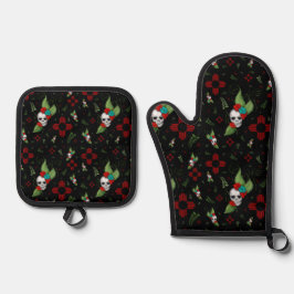 Skull Rose Zia Sun Greenerity Black New Mexico Ofenhandschuh & Topflappen-Set