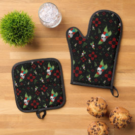 Skull Rose Zia Sun Greenerity Black New Mexico Ofenhandschuh & Topflappen-Set