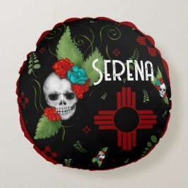 Skull Rose Zia Sun Greenerity Black New Mexico Rundes Kissen