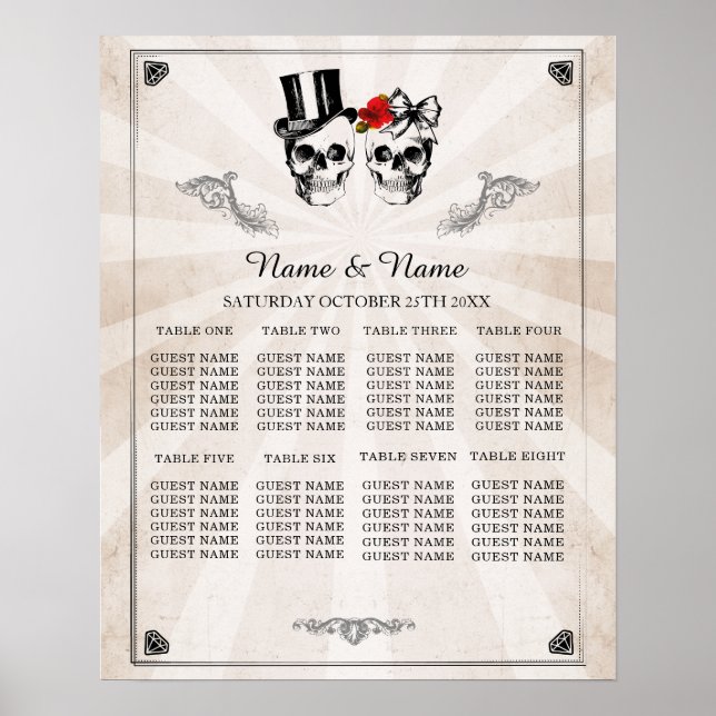 Skull Rote Rose 8 Tischplan Hochzeitsplakat Poster (Vorne)