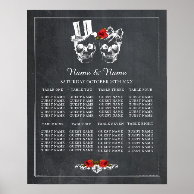 Skull Rote Rose 8 Tischplan Hochzeitsplakat Poster (Vorne)
